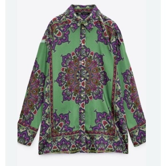 ZARA Green Floral Printed Long Button Shirt Blouse MEDIUM 8745/279 Slit Paisley - Picture 3 of 14